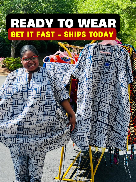 Woman wearing a two-piece African print Adire set with a drawstring Bubu top and matching baggy pants, standing outdoors.