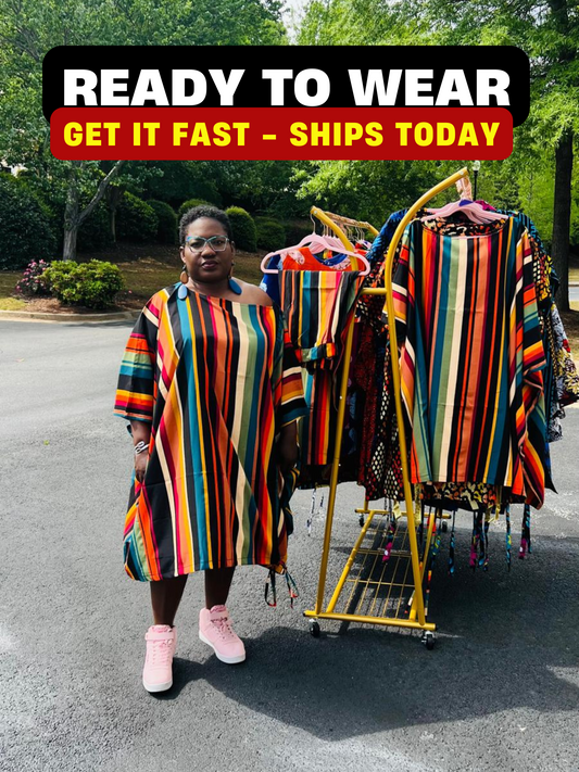 Woman wearing a two-piece African print set featuring an off-shoulder drawstring Bubu top and matching wide-leg pants, standing outdoors.